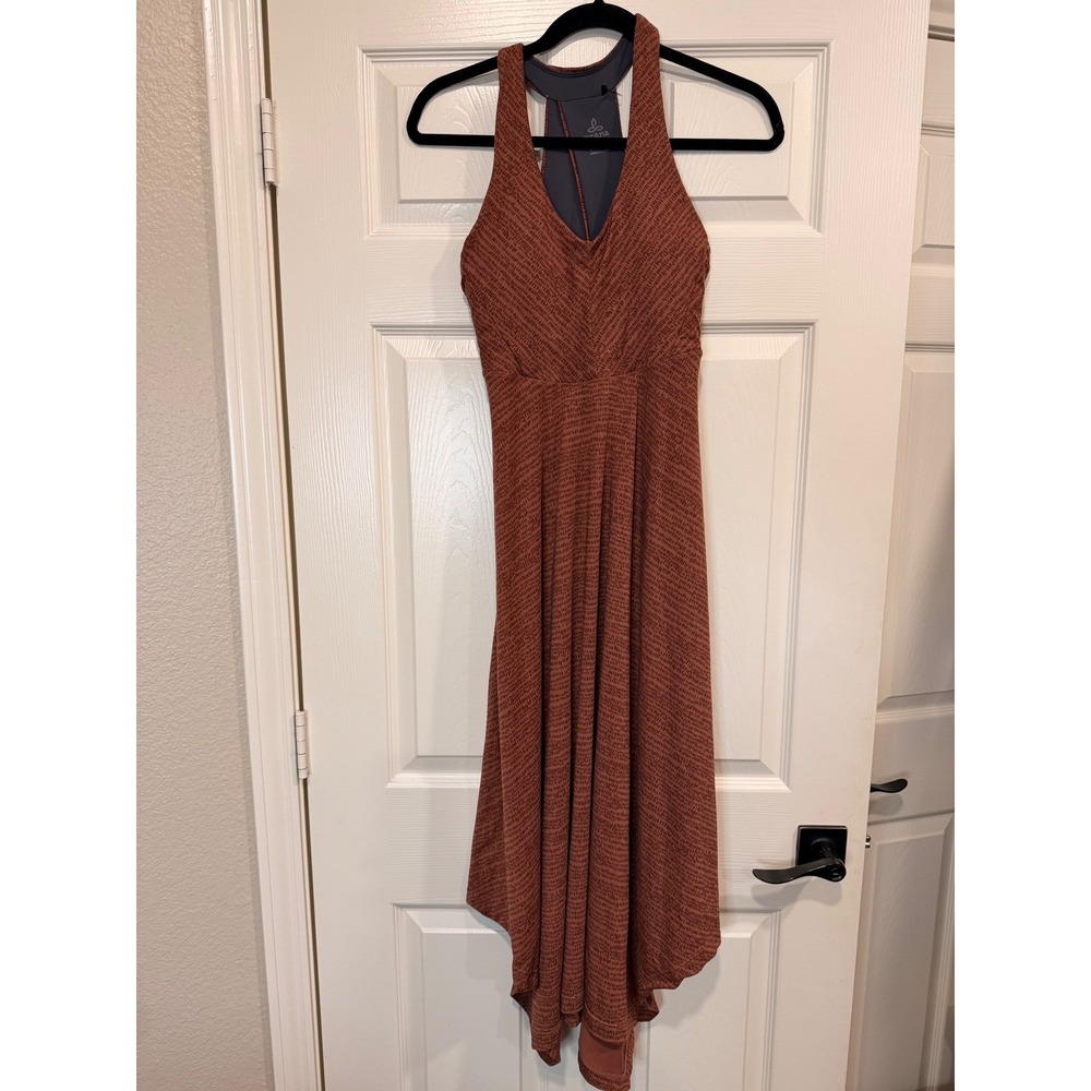 #B6 PRANA Dress Sz. XS  PTP: 14" - 16" Rust Handkerchief Hem Keyhole Back Halter